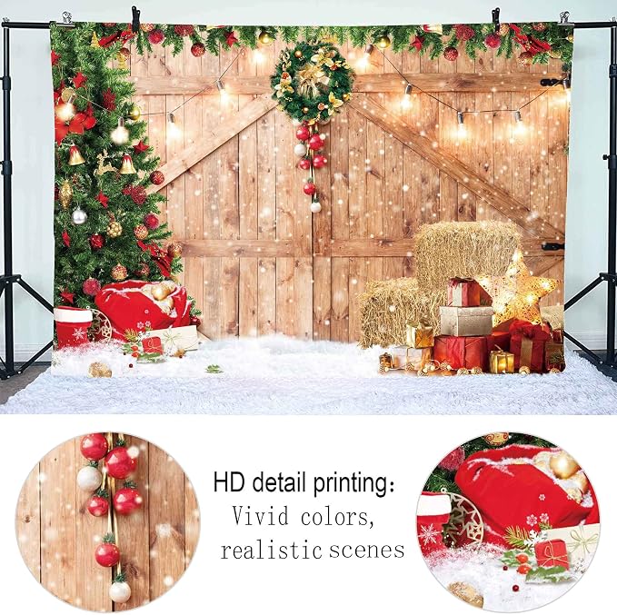 Christmas Backdrop Soft Fabric Rustic Barn Wood Door Backdrop for Photography Xmas Tree Snow Wall Floor Party Photo Background Family Banner Decorations Studio Prop Pictures(8x6ft) - Image 2