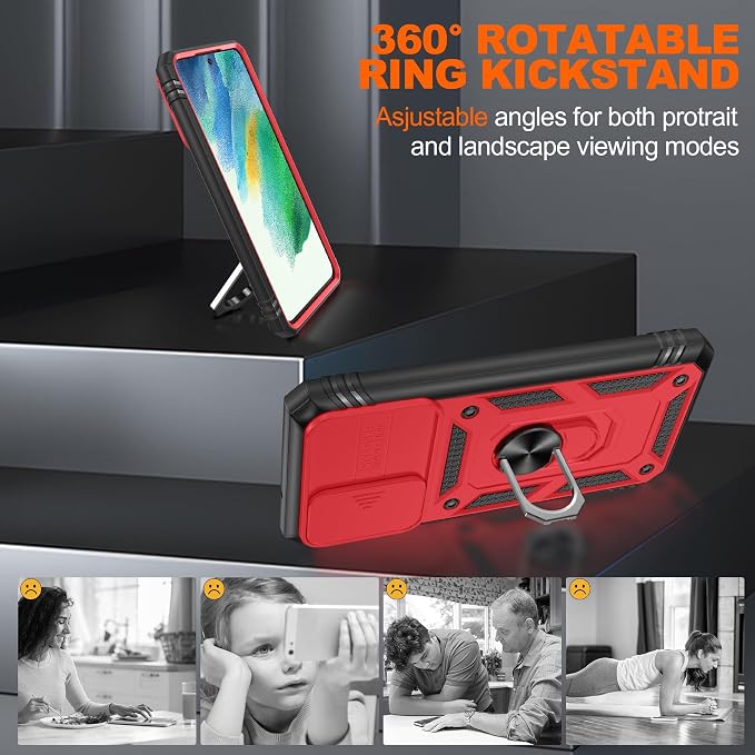 Gritup for Samsung Galaxy S21 FE 5G Case with 2PCS Screen Protector, Build in 360° Rotating Ring Kickstand, Military Grade Protective Case for S21 FE Phone, Red - Image 8