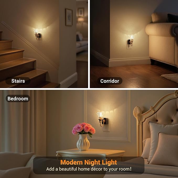 JandCase Night Light, Night Lights Plug into Wall, Glass Floral Nightlight | 0-100LM Dimmable LED Flower Nightlights, Dusk to Dawn Sensor, 1W Vintage Nite Light for Bathroom Hallway Gift Vanity Decor - Image 4