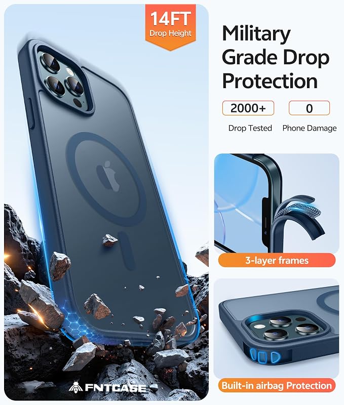 FNTCASE for iPhone 12 Pro Max Case, Fit for Magsafe, Translucent Matte Back | Strong Magnetic Charging, Shock Absorbent, 14FT Military Grade Drop-proof, Anti Slip, Blue - Image 5
