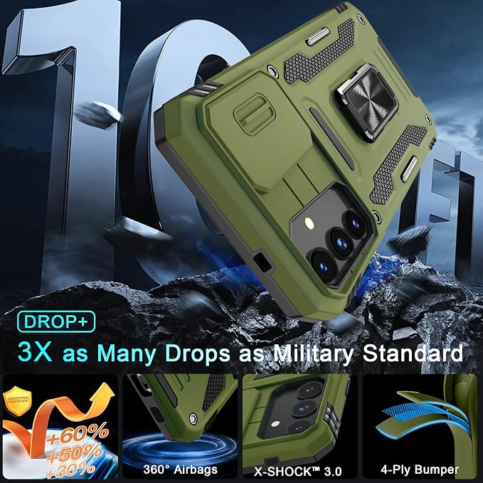 DEERLAMN Case for Samsung Galaxy S25 Plus/S24 Plus 6.7-Inch with Slide Camera Cover+Screen Protector(1 Pack), Rotated Ring Kickstand Military Grade Shockproof Protective Cover-Olive Green | 6.7-Inch - Image 4