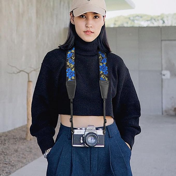 Padwa Lifestyle Blue Rose Camera Strap - 2" Full Grain Leather Ends Camera Straps for Photographers, Vintage Embroidered Cotton Soft Suede Fabric Padded Strap Quick Release fits All Cameras - Image 5