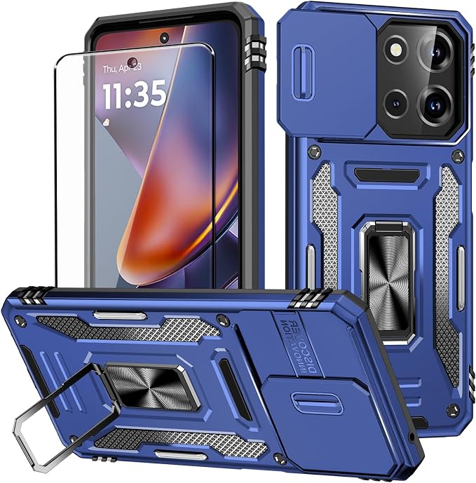 for Moto G 2025 Case with Screen Protector and with Camera Cover, 360°Military Grade Rotatable Kickstand (Heavy Duty) Shockproof Protective, Case for Moto G 2025 Navy Blue by Aozuoton