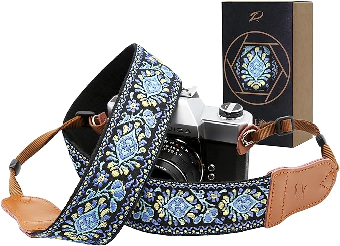 Padwa Lifestyle Camera Strap - 2" Wide Double Layer Cowhide Head Camera Straps for Photographers, Universal Neck & Shoulder Cotton Padded Vintage Strap for All DSLR Cameras（Blue Embroidery Floral） by PadwaLifestyleCameraStrap