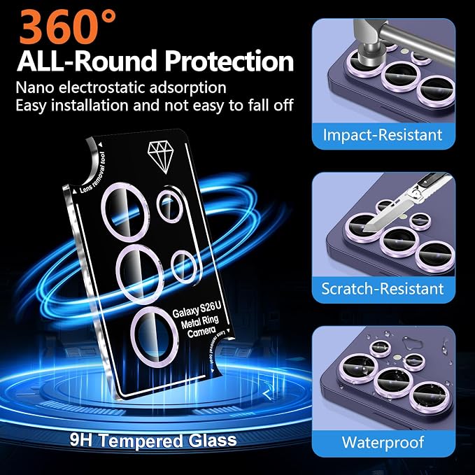 for Samsung Galaxy S26 Ultra Camera Lens Protector, Individual Metal Ring Tempered Glass Lens Cover, [Strong Adsorption] Scratch Resistant Ultra-Thin HD Clear Lens Cover, 1 Set-Lavender - Image 2