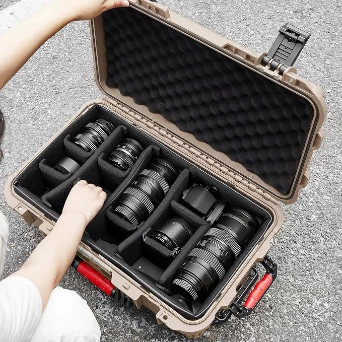Relaxweex Rolling Camera Hard Case with Padded Dividers & Wheels, Impact-resistant Hard Shell Travel Case for Cameras, Lenses & Accessories(22 x 14 x 9 Inch,Sand Color) - Image 7