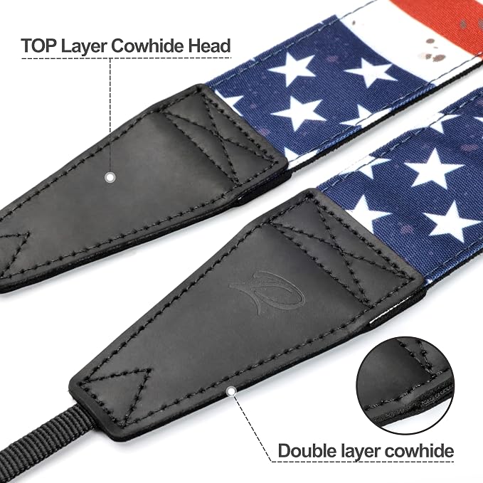 Padwa Lifestyle American Flag Print Camera Strap - 2" Full Grain Leather Ends, Vintage Flag Pattern Camera Straps for Photographers, Soft Chamois Velvet Padded Strap Quick Release fits All Cameras - Image 2