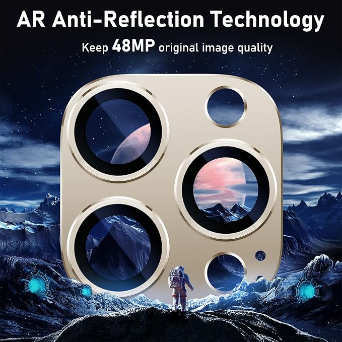 UniqueMe for iPhone 13 Pro/iPhone 13 Pro Max Camera Lens Protector - Gold | Strong Drop Protection, Not Easy to Fall-off, Metal Ring, Tempered Glass, Rear Camera Screen Cover - Image 3