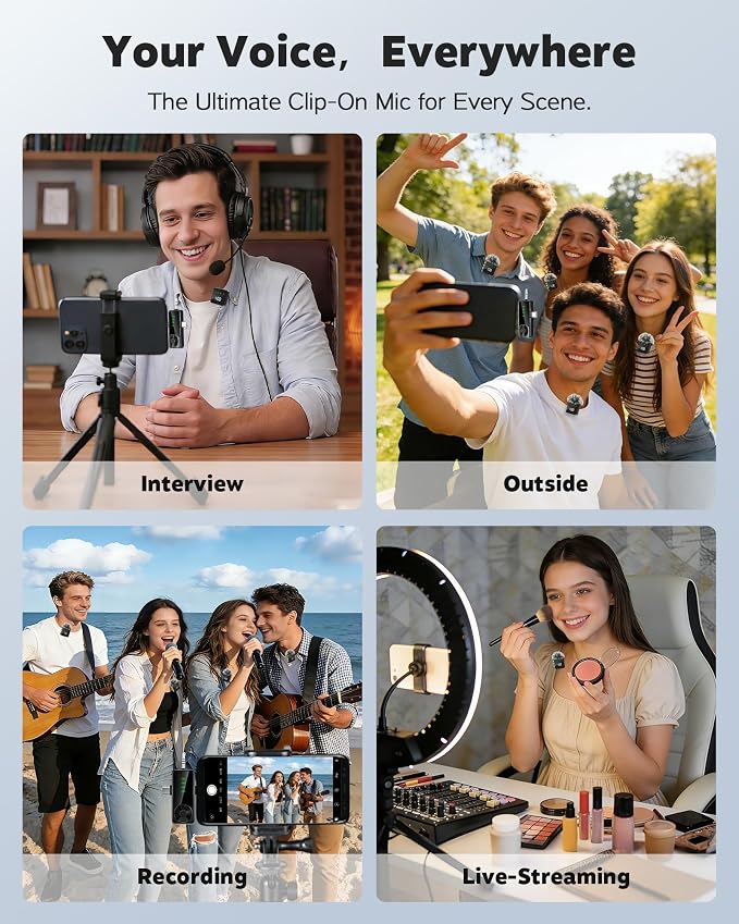 3 in 1 Wireless Lavalier Microphone for iPhone, Android, Cameras | 4-Person Mini Mic with Noise Reduction, 40H Battery Life, Mics for Video Recording, Podcasts, Vlog, TikTok, YouTube (Black) - Image 5