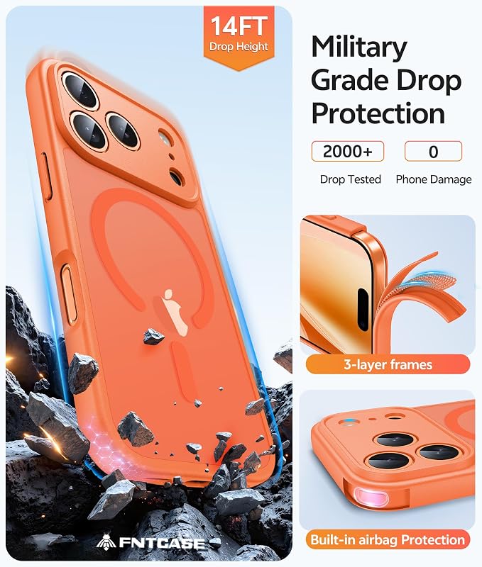 FNTCASE for iPhone 17 Pro Max Case, Fit for Magsafe, Screen Protector | Full Camera Protection, Translucent Matte, 14FT Military Grade Drop Proof, Shockproof Protective Phone Cover, Orange - Image 5