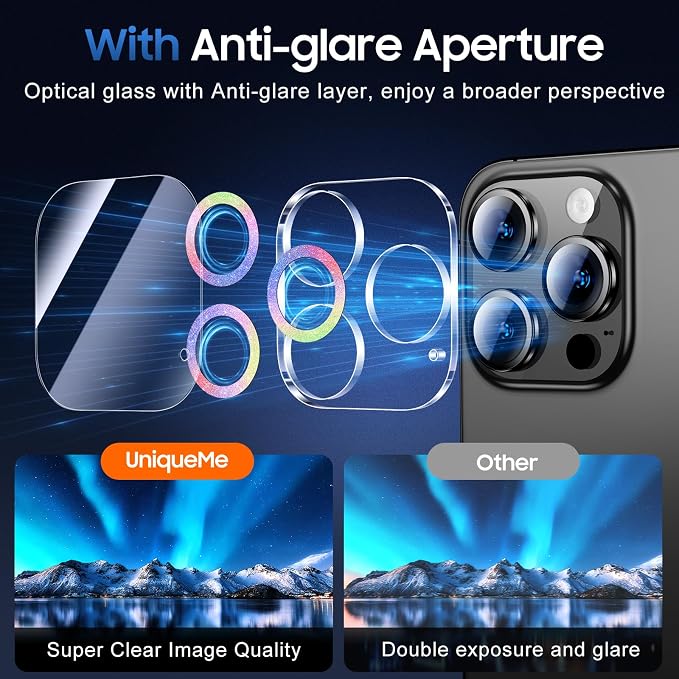 UniqueMe for iPhone 15 Pro/15 Pro Max Camera Lens Protector Bling Colorful | 3 Pack-Drop Protection, Case Friendly, 9H Tempered Glass, Camera Cover Screen, Update New Version - Image 4