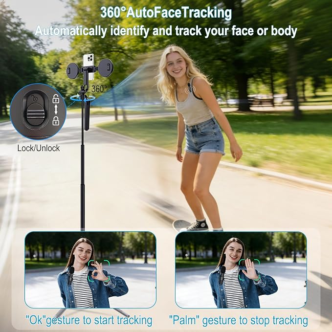 71" Content Creator Essentials Vlogging Kit - 2 Lights & 2 Mics | 360° Rotating Auto Face Tracking Tripod for iPhone/Android/Camera with Wireless Remote, No App for Vlog, Live, Video Record - Image 2