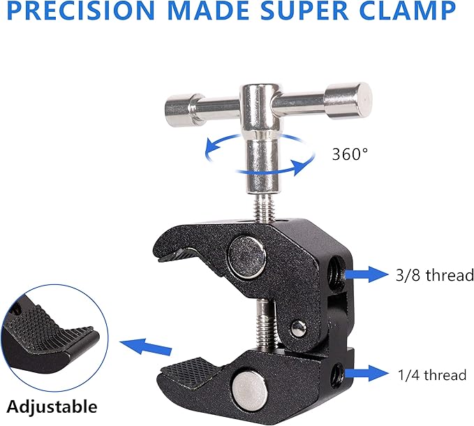 Cool Dual Ball head Magic Arm Adapter Camera Clamp Mount Super Clamp with 1/4 and 3/8 Thread, for DSLR Camera Rig, LED Light, Flash Light, Action Cam, 2Pack - Image 6