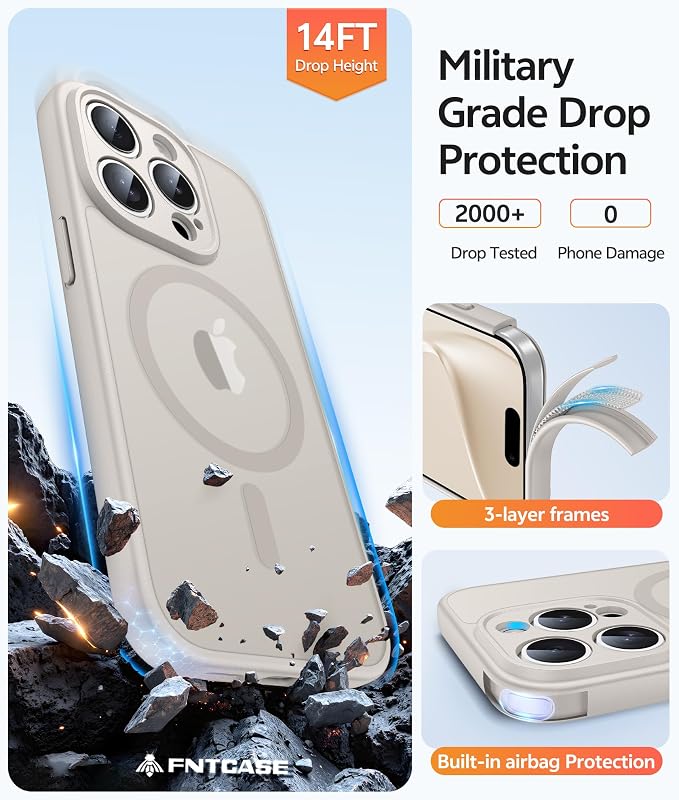 FNTCASE for iPhone 15 Pro Max Case, Fit for Magsafe, Glass Screen Protector | Full Camera Protection, Translucent Matte, 14FT Military Grade Drop Proof, Shockproof Protective Phone Cover, Off White - Image 5