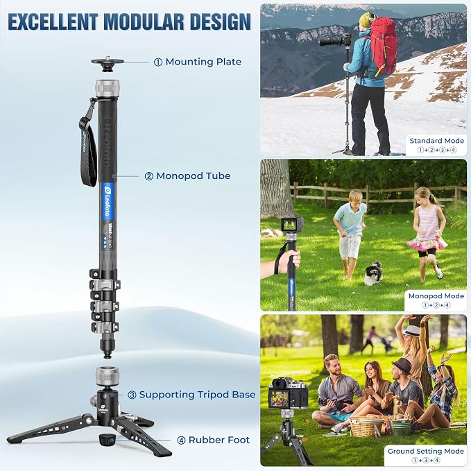 Leofoto Professional Carbon Fiber Monopod with Pedal, 63.78" Portable Travel Monopod with Removable Tripod Base for Camera, Max Load 11.02LB/5KG, Compatible with Sony/Canon/Nikon/DSLR (MF-324C) - Image 3