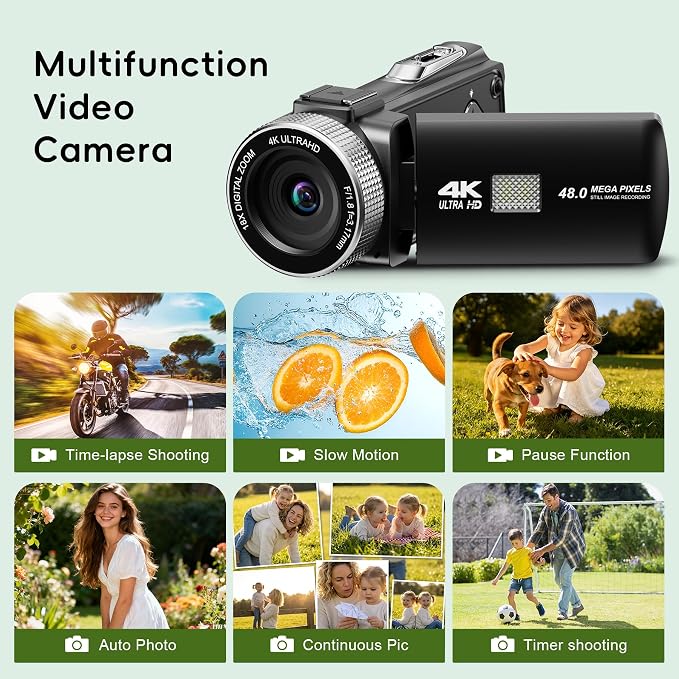 4K Ultra HD Camcorder, Video Camera with Auto/Manual/Fixed Focus, Wireless Lavalier Microphone, Tripod & Remote Control, 3 Inch Touchscreen Vlog Camera for YouTube, Travel & Family Recording - Image 8