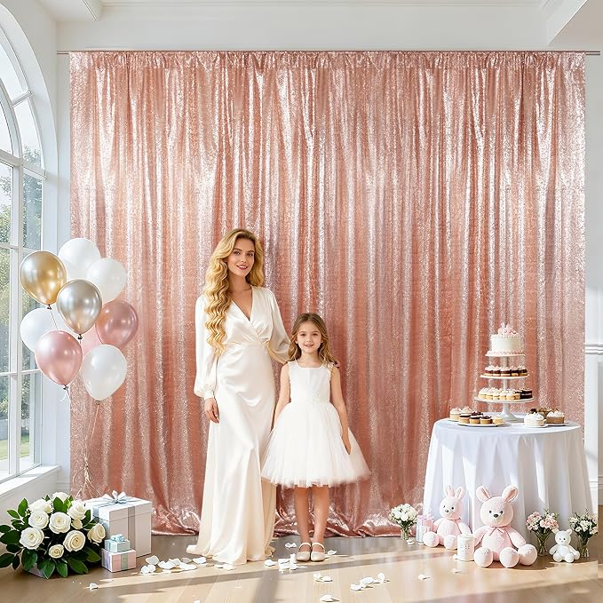 SquarePie 10x10ft Rose Gold Sequin Backdrop, High Density Non-Transparent Glitter Curtain for Photography, Birthday, Wedding Party Decorations, Thick Solid Background with 4" Rod Pocket, 1 Panel - Image 2