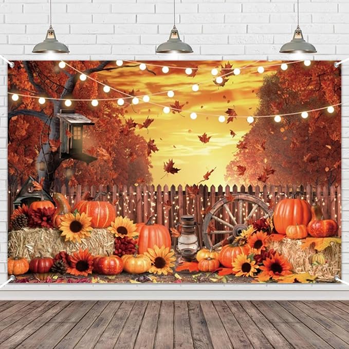 Fall Banner 7x5ft Polyester Harvest Hay Farm Pumpkin Patch Backdrop Sunflower Maple Photo Backdrops Thanksgiving Banner Decorations for Party - Image 5
