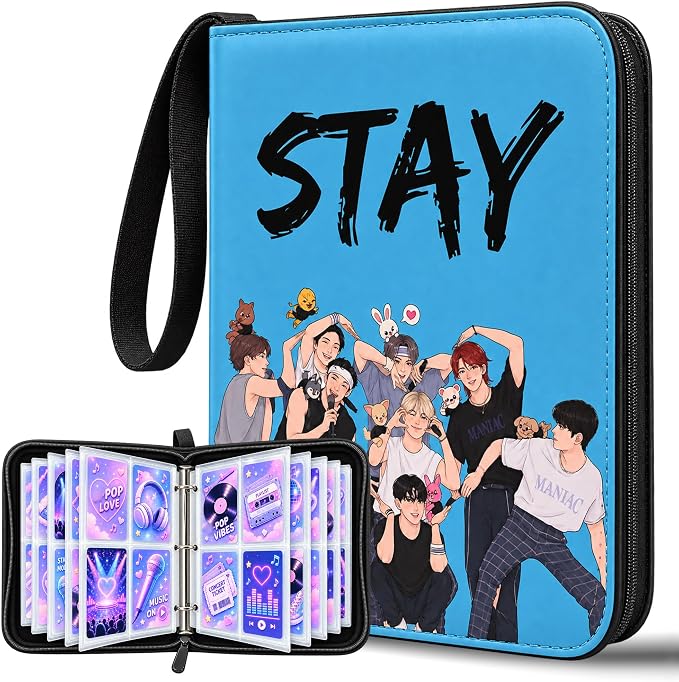 Cute Trading Photocard Binder, STAY Photo Album Cartoon Card Holder Book Storage 400 Cards with Sleeves for Lomo Cards Gift - Boys & Girls, idol Photo Protect (Blue, 4 Pockets) by Kefeikj