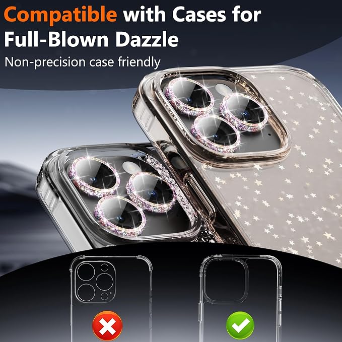 YWXTW [All-Over Glitter Camera Lens Protector for iPhone 17 Pro Max/17 Pro/16 Pro Max/16 Pro/15 Pro Max/15 Pro/14 Pro/Max, 9H Tempered Glass Camera Cover, Anti-Scratch Case Friendly (Multi-Coloured) - Image 7