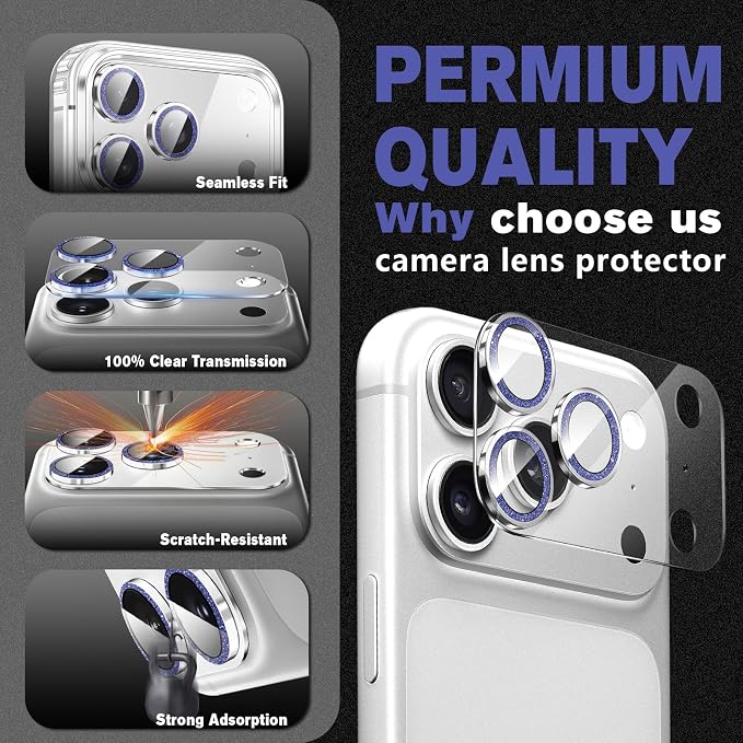 2 Pack for iPhone 17 Pro Max Camera Lens Protector | Bling Tempered Glass 9 Hardness,Anti-Scratch High Definition Camera Screen Protector (Blue) - Image 5