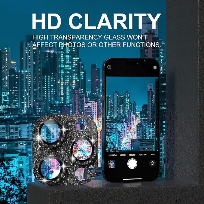Choiche for iPhone 15 Pro/iPhone 15 Pro Max Camera Lens Protector | Bling Camera Cover with 9H Tempered Glass Lens Screen Protector Metal Ring Decoration Accessories (Glitter-Black) - Image 6
