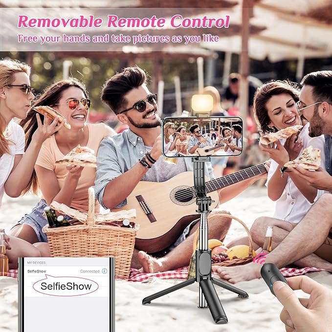 Selfie Stick Tripod with Fill Light, All in One Extendable Selfie Stick with Detachable Wireless Remote, Flexible Phone Tripod Stand Compatible with iPhone/Galaxy, Compact Size & Lightweight - Image 3
