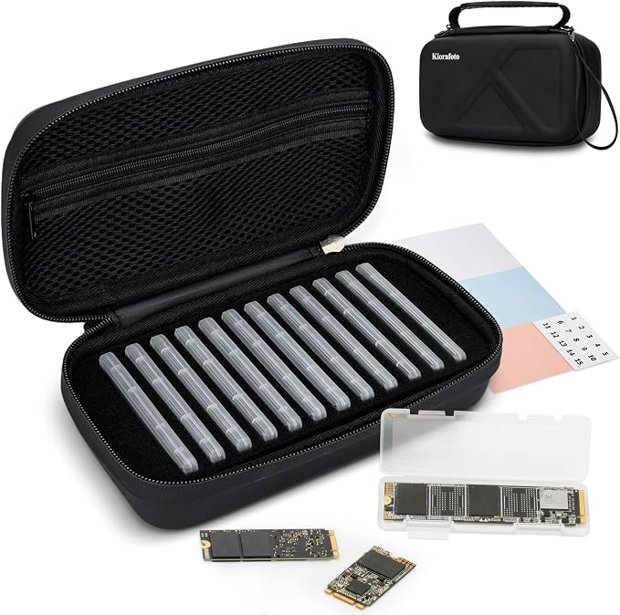 EVA PU M.2 SSD Holder with 12 Clear M.2 NVMe Cases for 2280/2260/2242/2230 SSDs, Water-Resistant & Shockproof with Zipper Pocket & Carry Handle by Kiorafoto