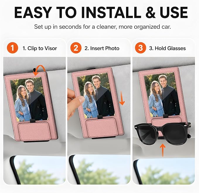 2-in-1 Car Visor Sunglasses & Photo Holder, Magnetic PU Leather Glasses Clip with Picture Display Slot, Universal Sun Visor Organizer for Eyeglasses, Personalized Cards & Memories, Soft Pink - Image 4