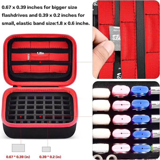Comecase USB Flash Drive Case, Holds 44 USB Drives and 9 SD Cards | Pre-Cut Foam Fits Mixed Drive Sizes Flash Drive; EVA Shell Protects Data on the Go, Black+Red Zipper, Large, Case Only - Image 2