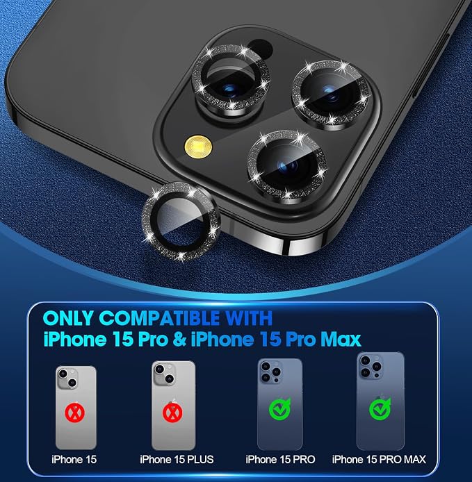 for iPhone 15 Pro/15 Pro Max Camera Lens Protector Glitter, Black | Individual Metal, 9H Hardness, Scratch Resistant, Shockproof, Drop Protection, Case Friendly, Stylish Accessories - Image 2