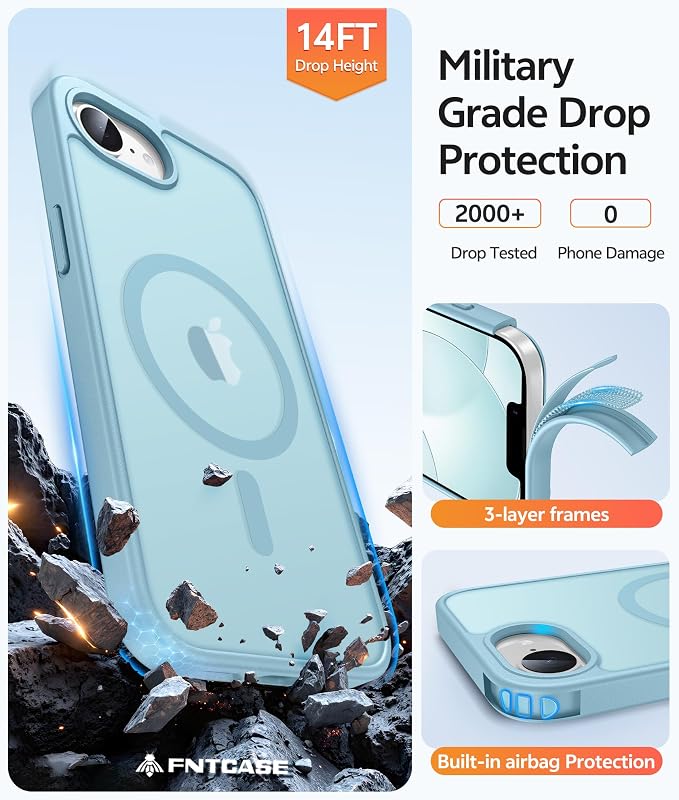 FNTCASE for iPhone 17e/ iPhone 16e Case, Fit for Magsafe, Screen Protector | Translucent Matte Magnetic Back, 14FT Military Grade Drop Protection, Shockproof Protective Phone Cover, Teal - Image 5