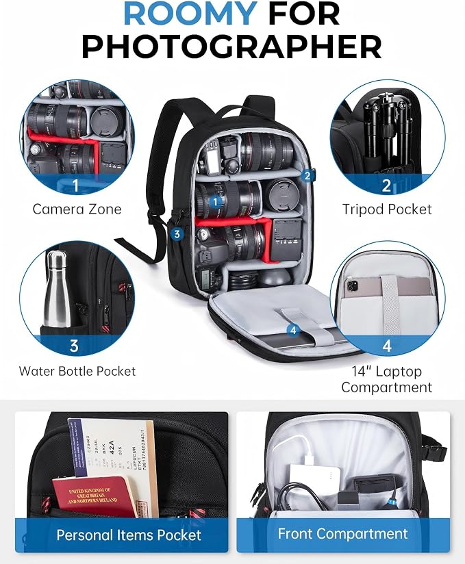 BAGSMART Camera Bag for DSLR, Waterproof Camera Backpacks for Photographers, Camera Case with Laptop Compartment-14 Black - Image 7