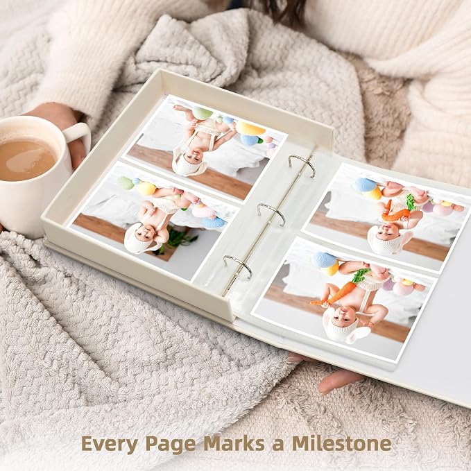 4x6 Photo Storage Box with 3-Ring Slip-In Binder Album, Linen Organizer with Gold Foil Cover, Holds 210 Photos for Travel, Wedding & Memory Keeping, Beige - Image 7