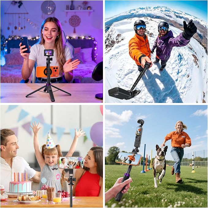 53" Magnetic Selfie Stick Tripod for Phone/Action Camera, 1/4" Mount | Aluminum Alloy Pole, 360° Rotation, 4-Leg Base & Wireless Remote Compatible with iPhone17 Pro&Action Camera for Travel Photos - Image 9