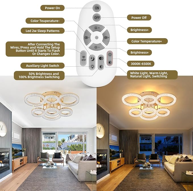 Modern Ceiling Light, 7 Rings 23'' Dimmable LED 106W Flush Mount Ceiling Lights with Remote Acrylic Crystal Round Ceiling Light Fixture, Bedroom Living Room Dining Room, Gold - Image 5