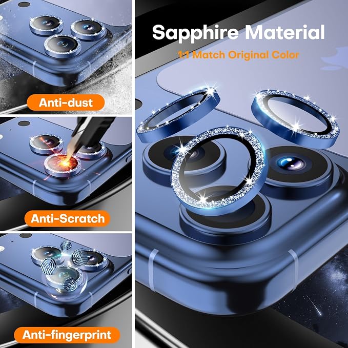 Camera Lens Protector for iPhone 15 Pro Max/15 Pro- Glitter Blue | 9H Tempered Glass, Metal Individual Camera Cover, Accessories, Anti-drop, Case Friendly, HD Clear, Anti-Scratch - Image 3