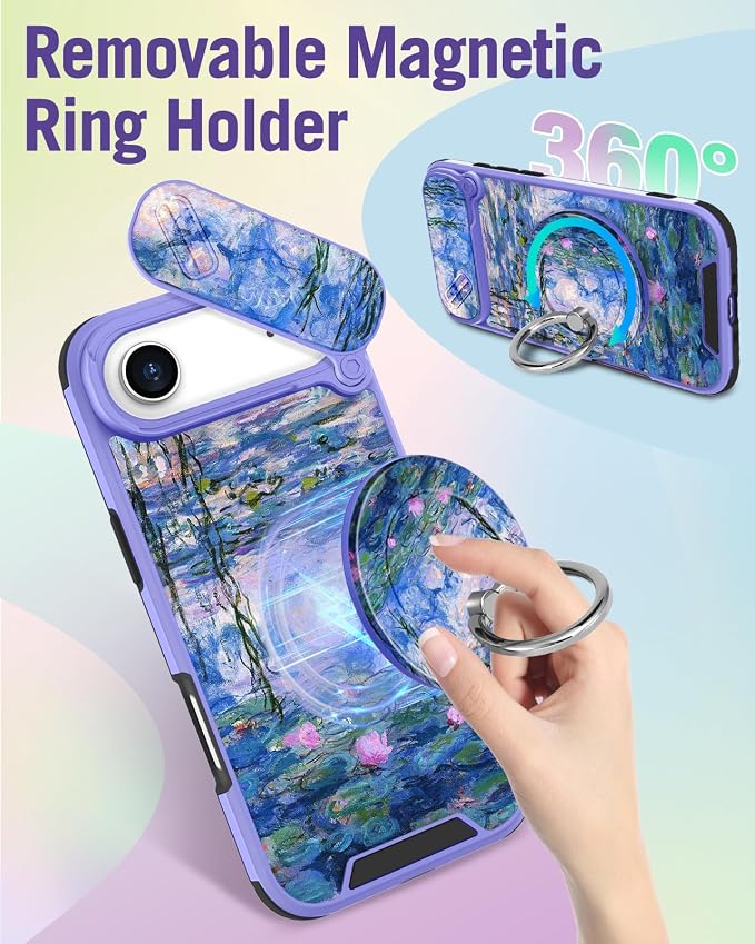 Buleens for iPhone 17 Air Case 6.5 Inch - with Ring Stand & Camera Cover Aesthetic Cute Designed Women Girl Girly Pretty Kawaii Blue Water Lily Phone Case for iPhone 17 Air Compatible with Magsafe - Image 5