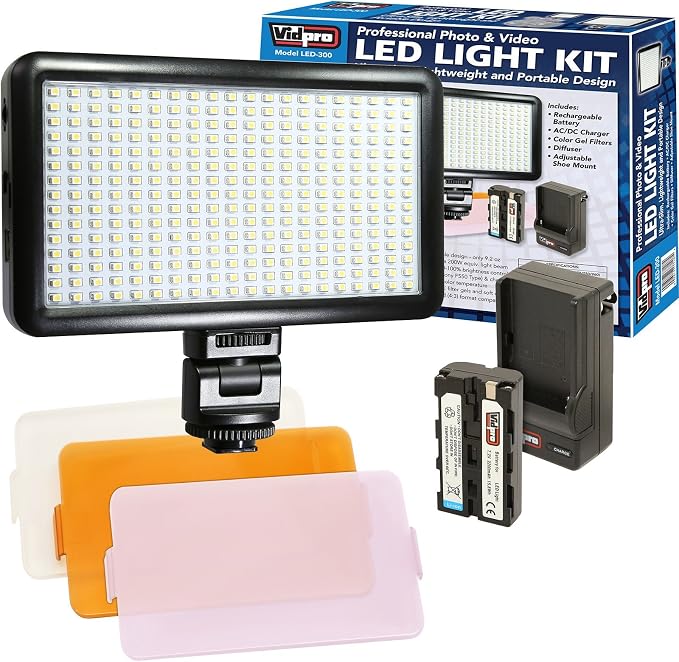 Vidpro LED-300 Photo and Video Light Kit - On Camera Panel LED Light - Adjustable and Dimmable Light Fits Cameras Video Camcorders and DLSR w/Hot Shoe Includes Rechargeable Battery Diffuser and More by Vidpro