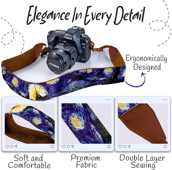 Art Tribute Camera Strap - Shoulder, Crossbody & Neck Camera Strap for Photographers, Fits All Cameras, Canon Nikon Sony Fujifilm, Padded Strap W/Quick Release, Leather Ends, Van Gogh Starry Night - Image 3
