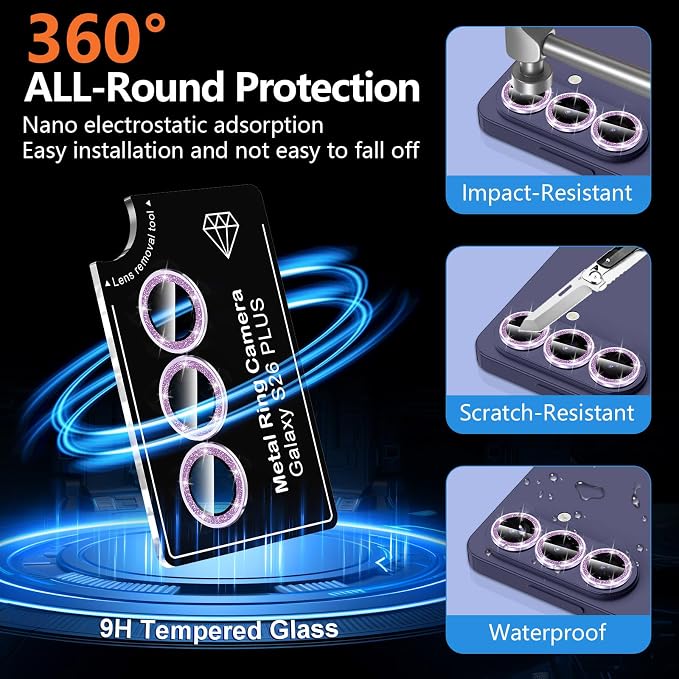 for Samsung Galaxy S26 Plus Camera Lens Protector, Individual Metal Ring Tempered Glass Lens Cover, [Strong Adsorption] Scratch Resistant Ultra-Thin HD Clear Lens Cover, 1 Set-Purple Sparkly - Image 2