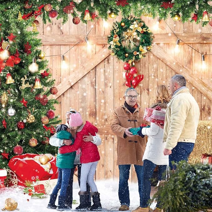 Christmas Backdrop Soft Fabric Rustic Barn Wood Door Backdrop for Photography Xmas Tree Snow Wall Floor Party Photo Background Family Banner Decorations Studio Prop Pictures(12x8ft) - Image 5