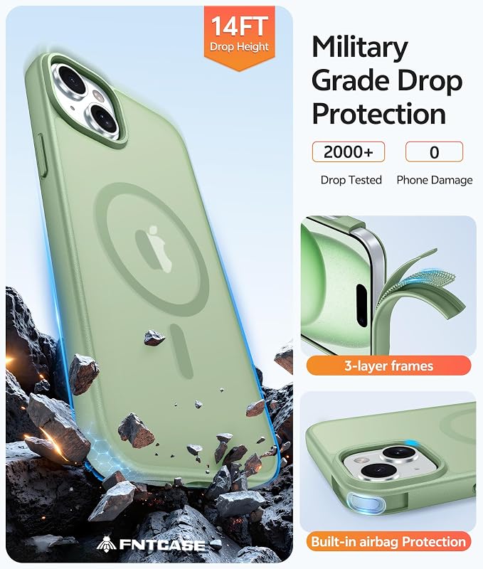 FNTCASE for iPhone 15/14/13 Case, Fit for Magsafe, Glass Screen Protector | Translucent Matte, Magnetic Phone Cases, 14FT Military Grade Drop Protection, Slim Shockproof Protective Cover, Light Moss - Image 5