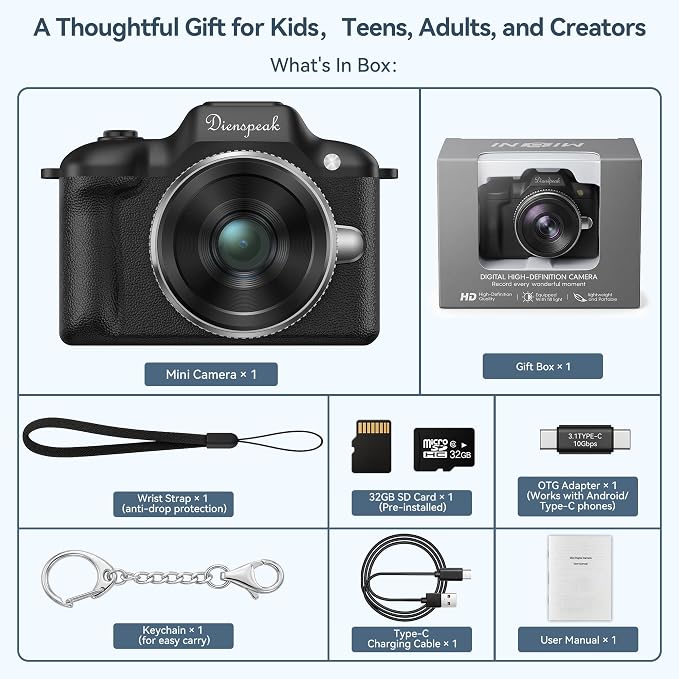 Mini Camera, 1080P HD Retro Keychain Digital Camera for Kids & Adults, Tiny Small Portable Pocket Video Recorder with 32GB Card, Vintage Camcorder for Travel Vlogging Memories, Black - Image 9