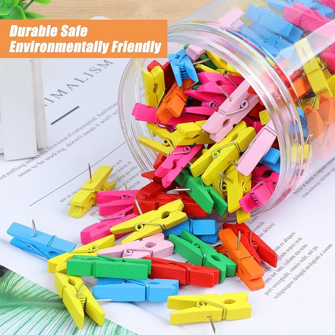 260 PCS Colorful Push Pin with Wooden Clips, Durable Wooden Push Pins, Decorative Pushpins Tacks Thumbtacks, Tacks for Cork Board Artworks Notes Photos, Craft Projects, Offices and Homes (7 Colors) - Image 5