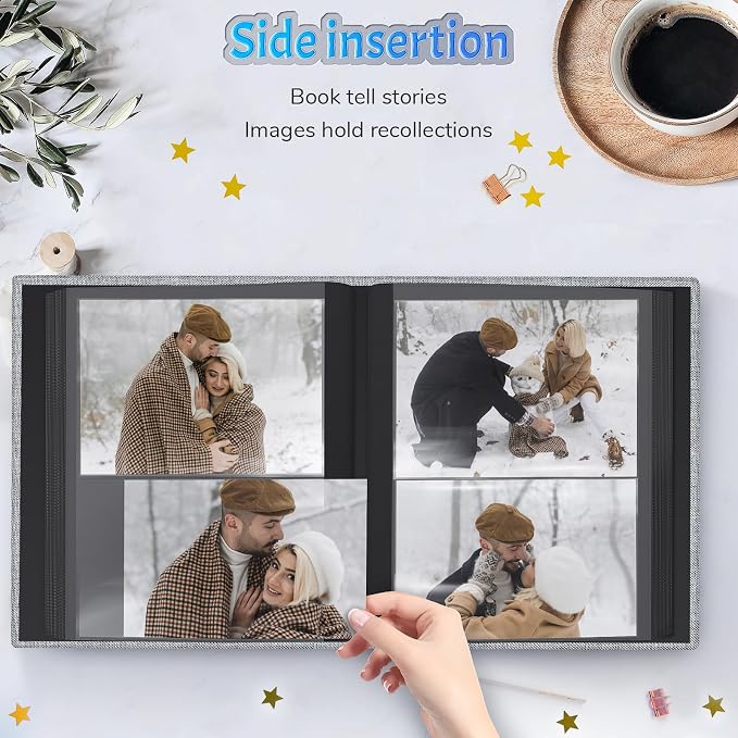 Popotop 4x6 Photo Album 200 Pictures, Linen Hardcover, Reinforced Spine | Compact 200-Photo Capacity, Acid-Free PP Slip-In Pockets, 2 Photos per Page, Black Inner Pages, No Memo Space - Image 4