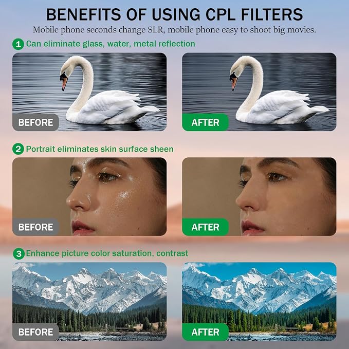 52mm Clip-on CPL Phone Camera Lens Filter Kit, Circular Polarizer Polarizing Filter Compatible with iPhone 16 15 14 13 12 11,Upgrade Smartphones Portable Polarizer - Image 3