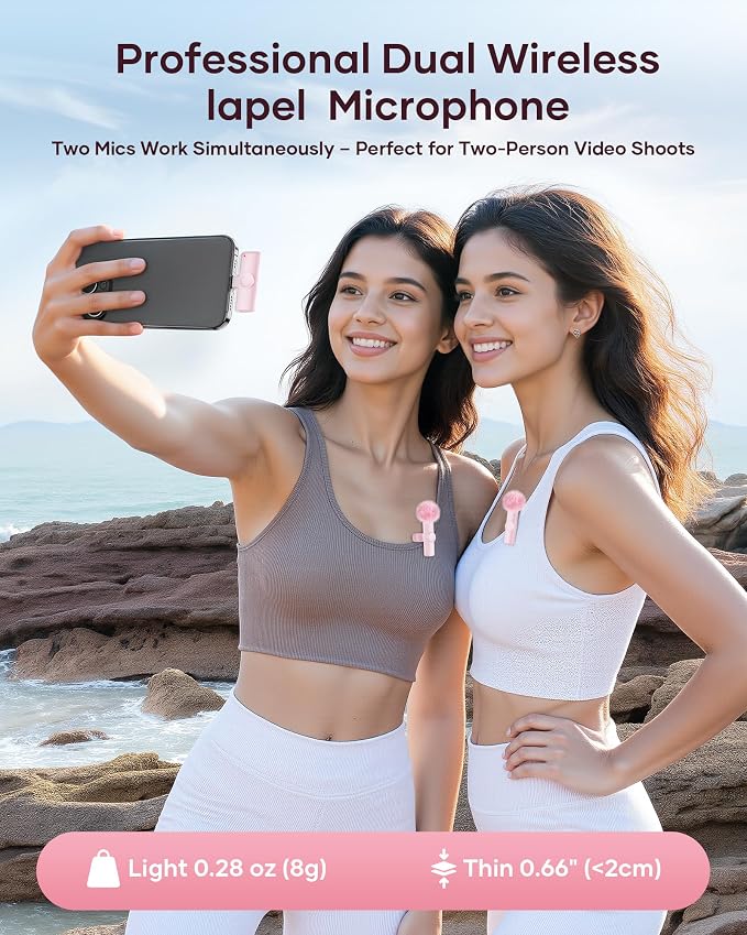 Wireless Microphone for iPhone iPad and Android Phone, 2 Pack Wireless Lavalier Lapel Mic with Noise Reduction, Plug and Play Mini Microphone for Video Recording Interview YouTube TikTok Vlog (Pink) - Image 8