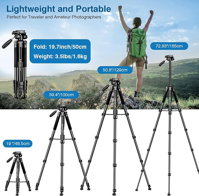 Tripod for Camera and Phone, 72" Tall Camera Tripod Monopod with Remote | Professional Heavy Duty Compact Camera Stand for iPhone, DSLR, Spotting Scope, Telescope, Binocular - Image 2