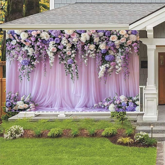 7x5ft Purple Lavender Floral Bridal Backdrop Wedding Flower Photography Backdrop for Girl Portrait Baby Shower Birthday Party Decor Banner Mother's Day Party Wall Backdrop Studio Photo Backgrounds - Image 4